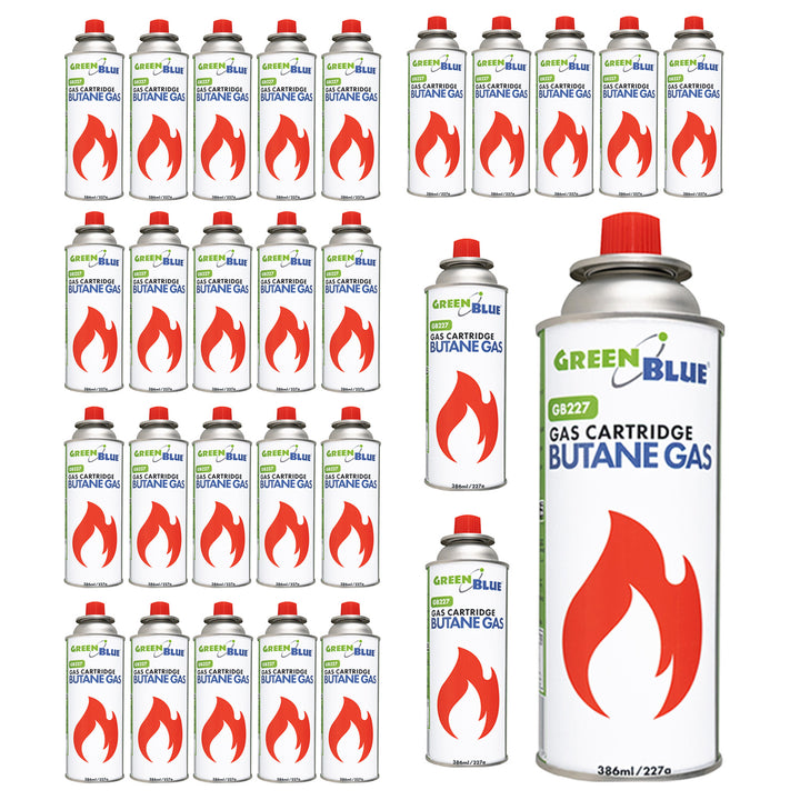 Cartucho de gas GreenBlue de 227 g, 28 unidades. Certificado: Pi 0875, conforme a la norma EN 417, butano, rango de temperatura de funcionamiento: de -10 °C a +40 °C, GB227
