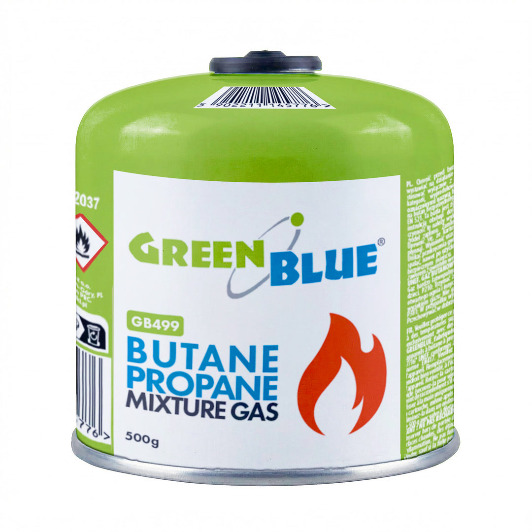 2 cartuchos de gas de 500 g GreenBlue. Certificado: Pi 0437, conforme a la norma EN 417, butano-propano, rango de temperatura de -10 °C a +40 °C, válvula roscada de 7/16'' GB499