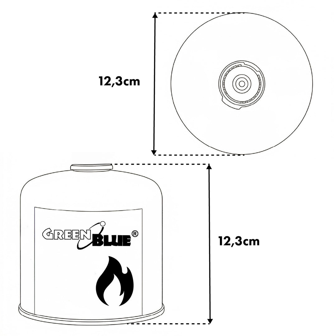 2 cartuchos de gas de 500 g GreenBlue. Certificado: Pi 0437, conforme a la norma EN 417, butano-propano, rango de temperatura de -10 °C a +40 °C, válvula roscada de 7/16'' GB499