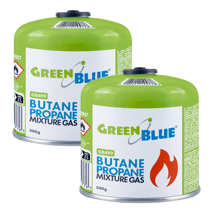 2 cartuchos de gas de 500 g GreenBlue. Certificado: Pi 0437, conforme a la norma EN 417, butano-propano, rango de temperatura de -10 °C a +40 °C, válvula roscada de 7/16'' GB499