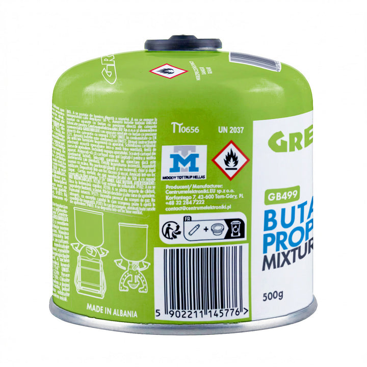 4 cartuchos de gas de 500 g GreenBlue. Certificado: Pi 0437, conforme a la norma EN 417, butano-propano, rango de temperatura de -10 °C a +40 °C, válvula roscada de 7/16'' GB499