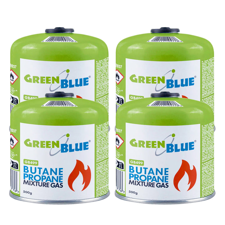 4 cartuchos de gas de 500 g GreenBlue. Certificado: Pi 0437, conforme a la norma EN 417, butano-propano, rango de temperatura de -10 °C a +40 °C, válvula roscada de 7/16'' GB499