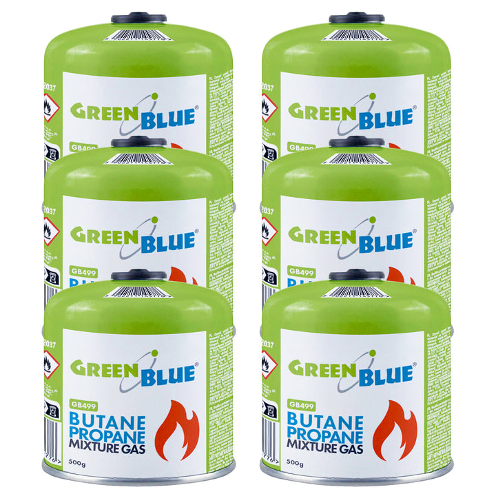 6 cartuchos de gas de 500 g GreenBlue. Certificado: Pi 0437, conforme a la norma EN 417, butano-propano, rango de temperatura de -10 °C a +40 °C, válvula roscada de 7/16'' GB499