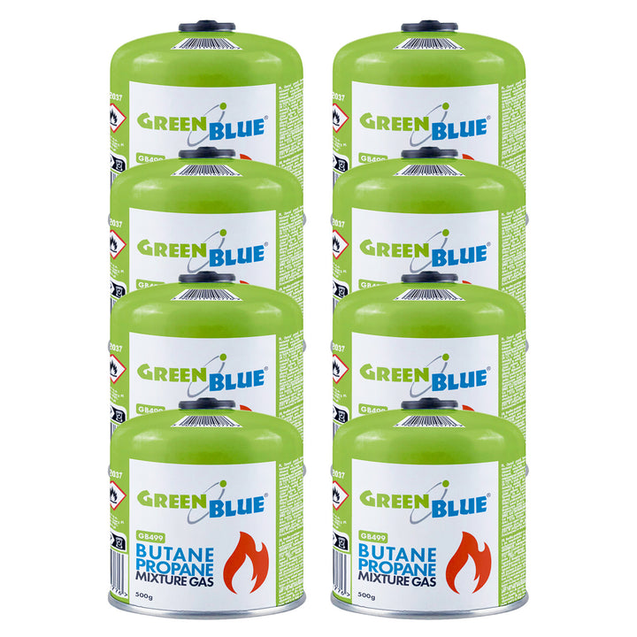 8 cartuchos de gas de 500 g GreenBlue. Certificado: Pi 0437, conforme a la norma EN 417, butano-propano, rango de temperatura de -10 °C a +40 °C, válvula roscada de 7/16'' GB499