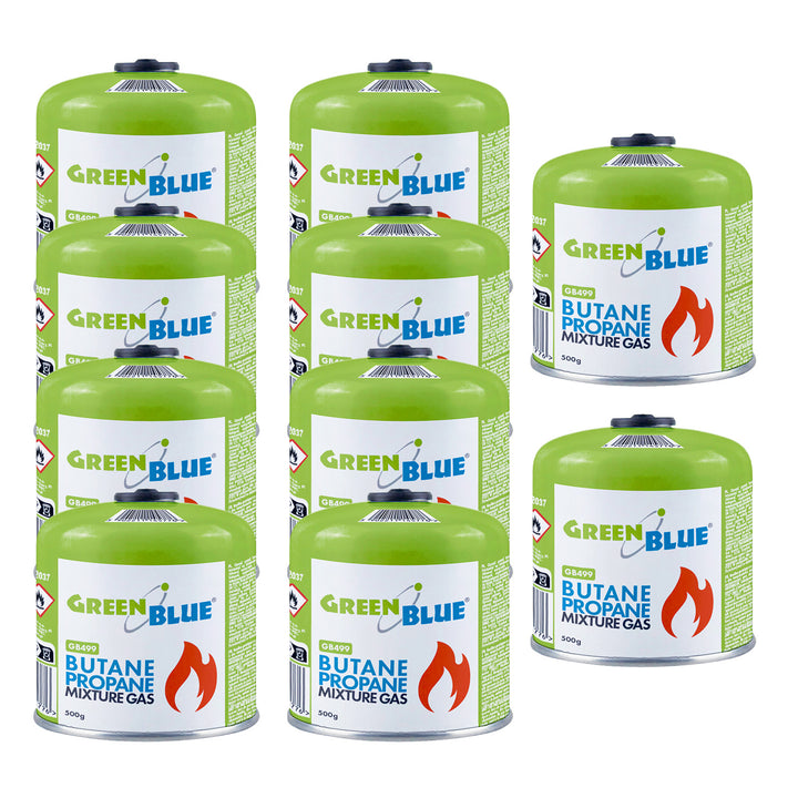 10 cartuchos de gas de 500 g GreenBlue. Certificado: Pi 0437, conforme a la norma EN 417, butano-propano, rango de temperatura de -10 °C a +40 °C, válvula roscada de 7/16'' GB499