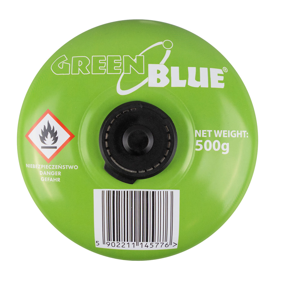 12 cartuchos de gas de 500 g GreenBlue. Certificado: Pi 0437, conforme a la norma EN 417, butano-propano, rango de temperatura de -10 °C a +40 °C, válvula roscada de 7/16'' GB499