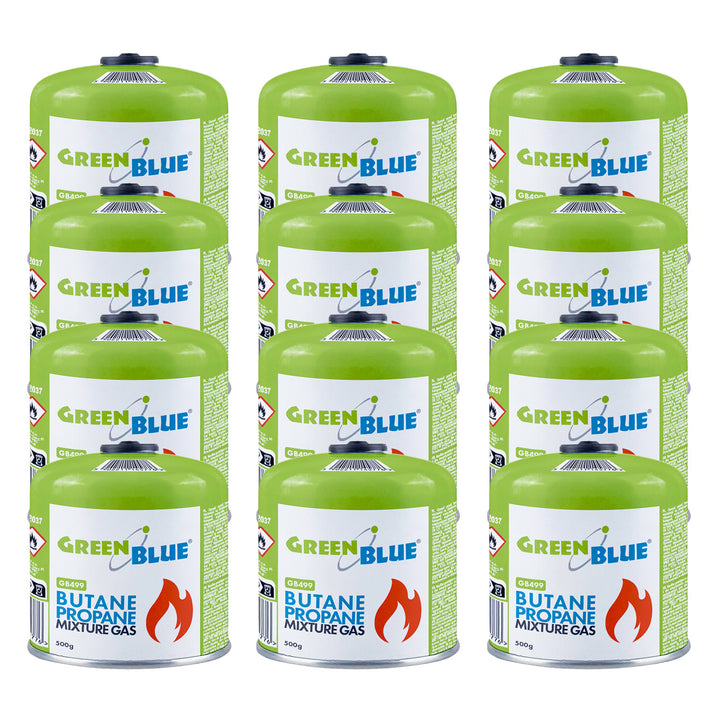 12 cartuchos de gas de 500 g GreenBlue. Certificado: Pi 0437, conforme a la norma EN 417, butano-propano, rango de temperatura de -10 °C a +40 °C, válvula roscada de 7/16'' GB499