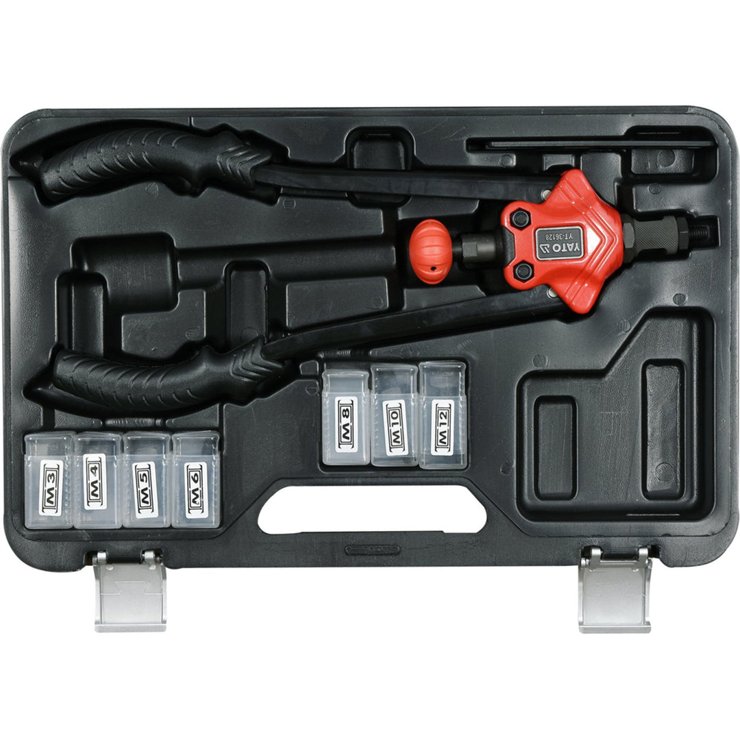 Remachadora manual Yato, para remaches de tuerca de M3 a M12, mango antideslizante, cabezales fabricados en acero CrMo de alta resistencia, YT-36128