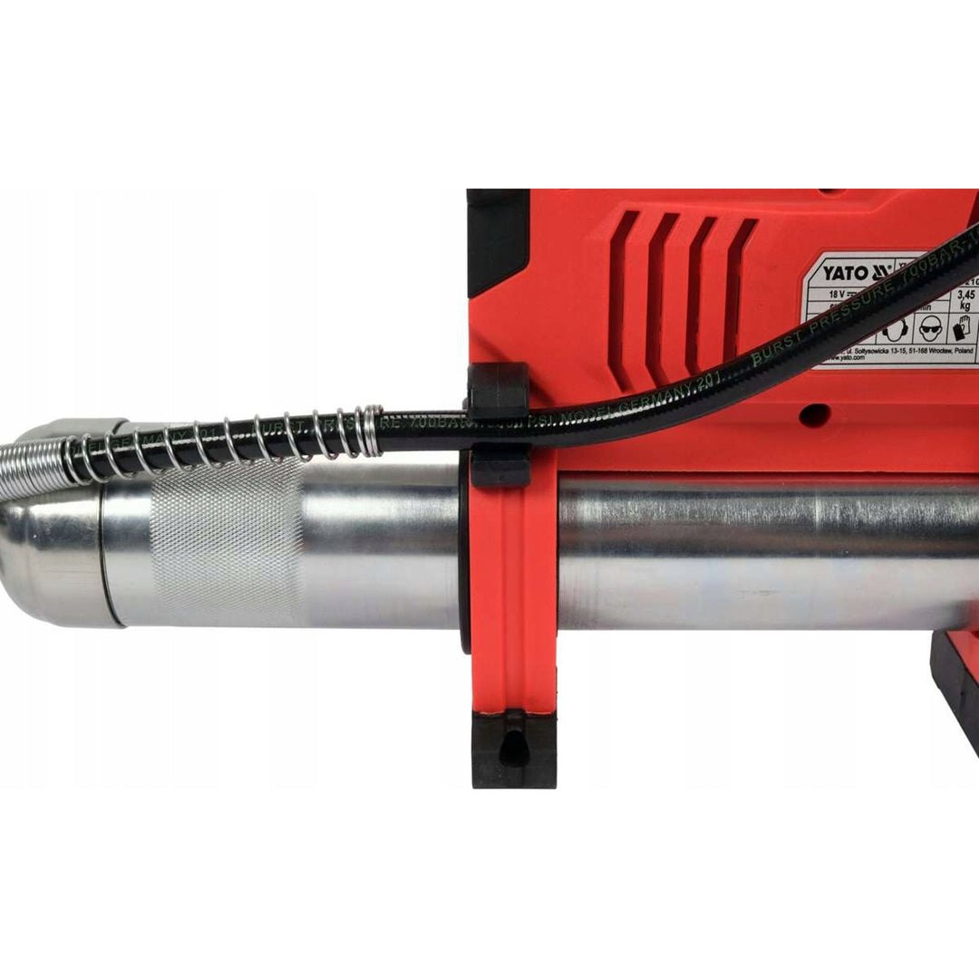 Engrasadora a batería Yato, incluye cargador y batería de 3 Ah, presión de 620 bar, iluminación de trabajo LED integrada, alta potencia y rendimiento de 284 g/min, YT-07020