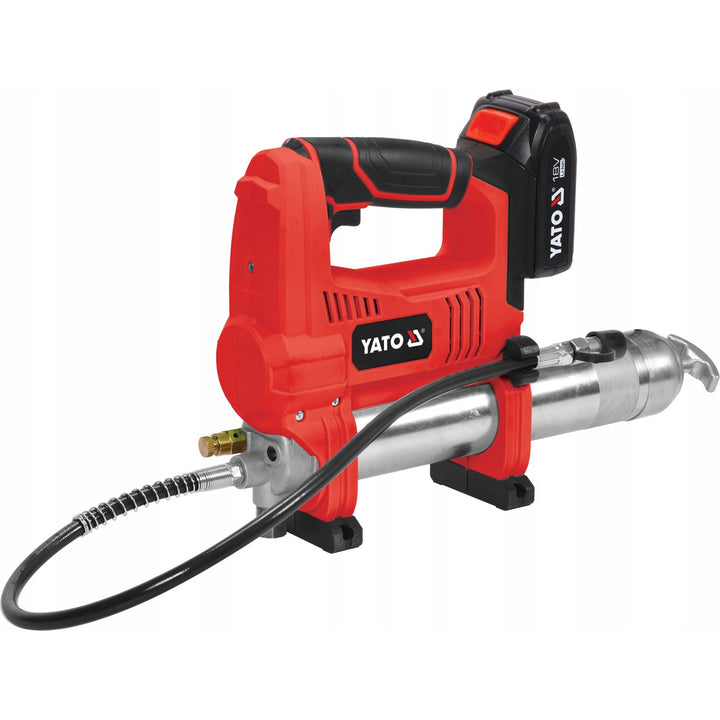 Engrasadora a batería Yato, incluye cargador y batería de 3 Ah, presión de 620 bar, iluminación de trabajo LED integrada, alta potencia y rendimiento de 284 g/min, YT-07020