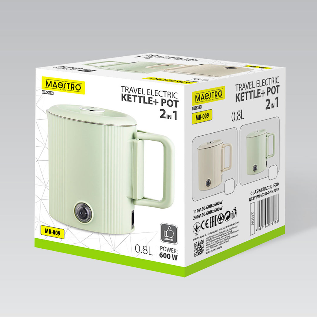 Hervidor eléctrico / olla de viaje Maestro, 2 en 1, capacidad de 0,8 l, potencia de 600 W, asa plegable, selector de voltaje 110 V/230 V, color menta, MR-009-MINT