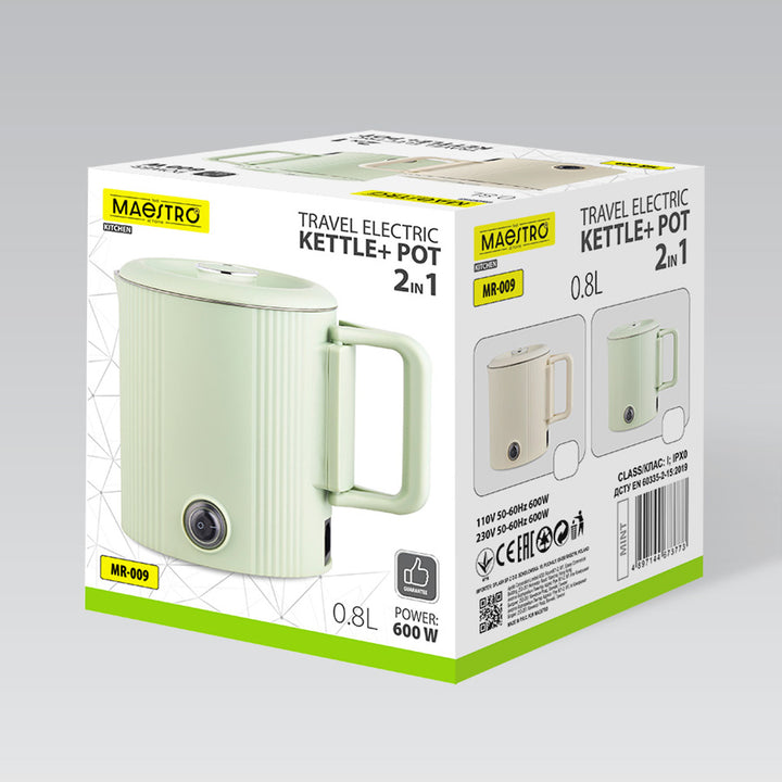 Hervidor eléctrico / olla de viaje Maestro, 2 en 1, capacidad de 0,8 l, potencia de 600 W, asa plegable, selector de voltaje 110 V/230 V, color beige, MR-009-BEIGE