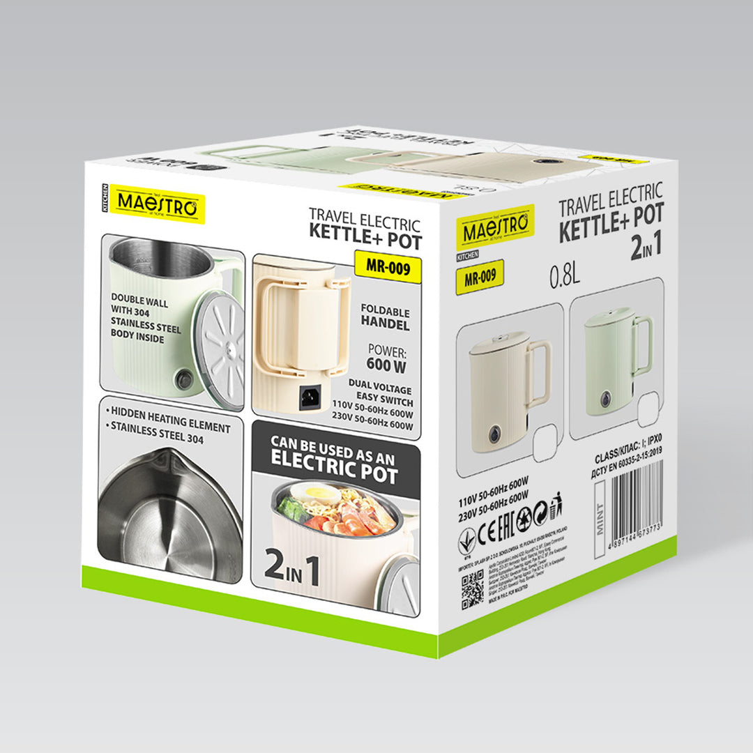 Hervidor eléctrico / olla de viaje Maestro, 2 en 1, capacidad de 0,8 l, potencia de 600 W, asa plegable, selector de voltaje 110 V/230 V, color beige, MR-009-BEIGE