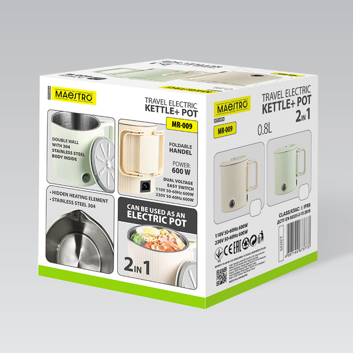 Hervidor eléctrico / olla de viaje Maestro, 2 en 1, capacidad de 0,8 l, potencia de 600 W, asa plegable, selector de voltaje 110 V/230 V, color beige, MR-009-BEIGE