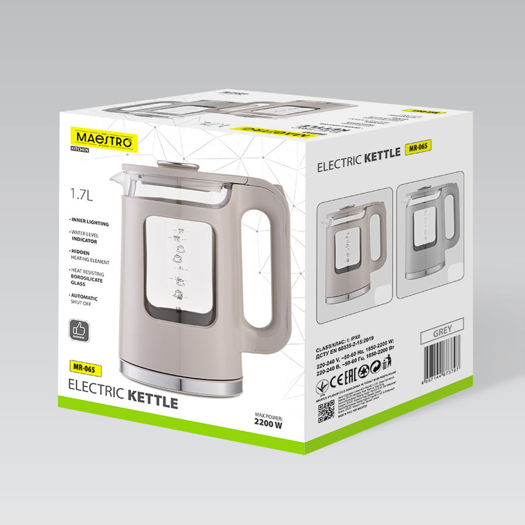 Hervidor eléctrico de cristal Maestro, capacidad de 1,7 l, potencia de 2200 W, indicador de nivel de agua, iluminación LED, base giratoria, color gris, MR-065-GREY