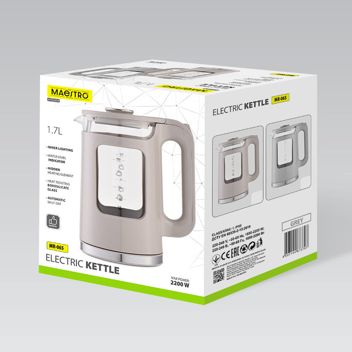 Hervidor eléctrico de cristal Maestro, capacidad de 1,7 l, potencia de 2200 W, indicador de nivel de agua, iluminación LED, base giratoria, color gris, MR-065-GREY