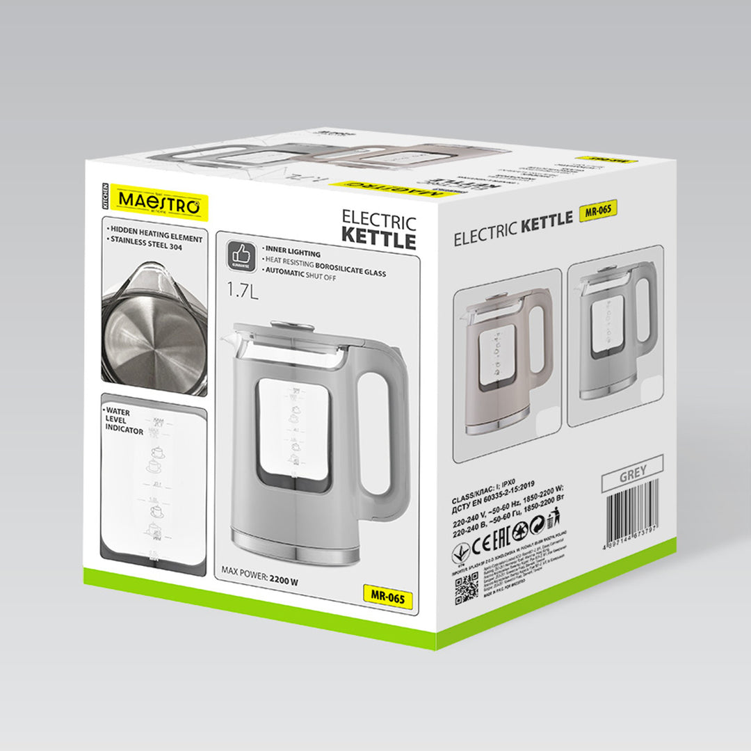Hervidor eléctrico de cristal Maestro, capacidad de 1,7 l, potencia de 2200 W, indicador de nivel de agua, iluminación LED, base giratoria, color gris, MR-065-GREY