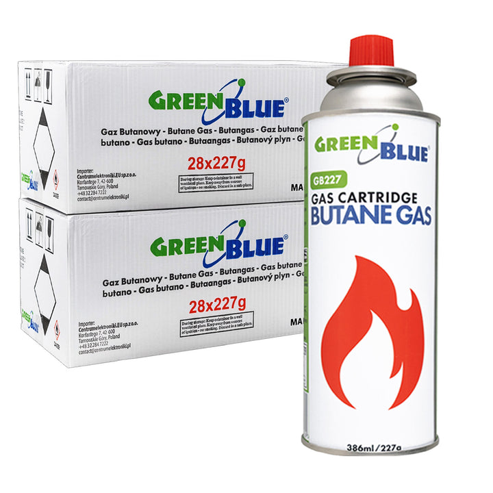 Cartucho de gas GreenBlue de 227 g, 56 unidades. Certificado: Pi 0875, conforme a la norma EN 417, butano, rango de temperatura de funcionamiento: de -10 °C a +40 °C, GB227