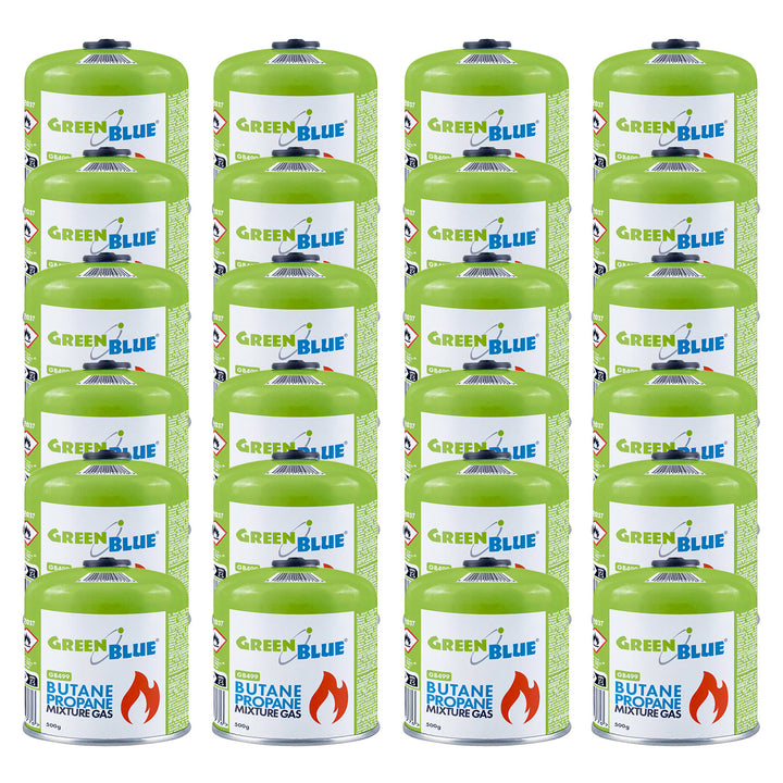 Cartucho de gas GreenBlue de 500 g, 24 unidades. Certificado: Pi 0437, conforme a la norma EN 417, butano-propano, rango de temperatura de -10 °C a +40 °C, válvula roscada de 7/16'' GB499