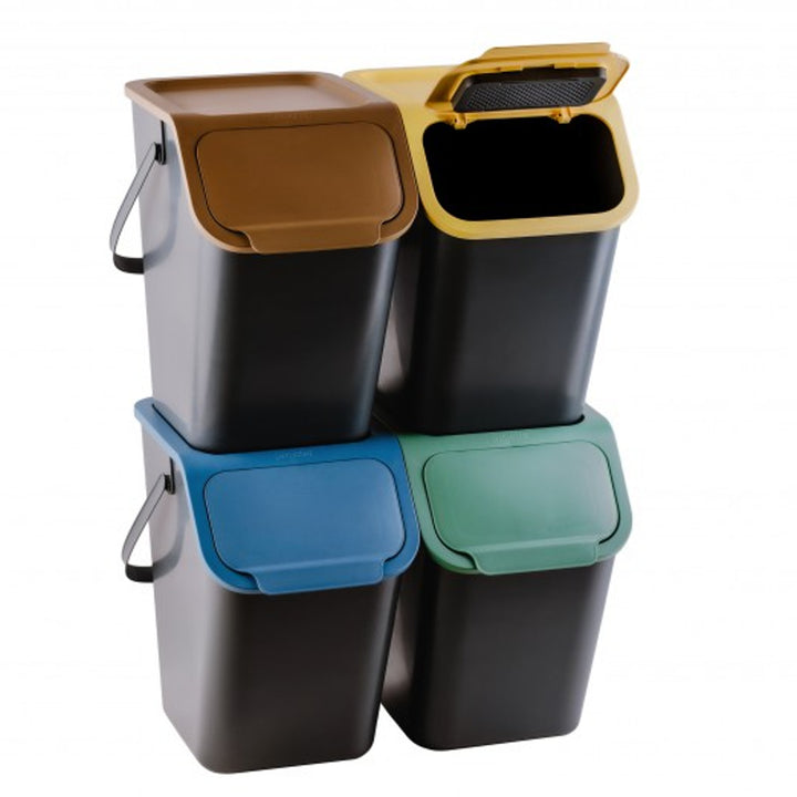 Juego de 4 contenedores negros para la clasificación de residuos BINI con tapas de colores (amarillo/verde/azul/marrón) + 5 filtros de carbón
