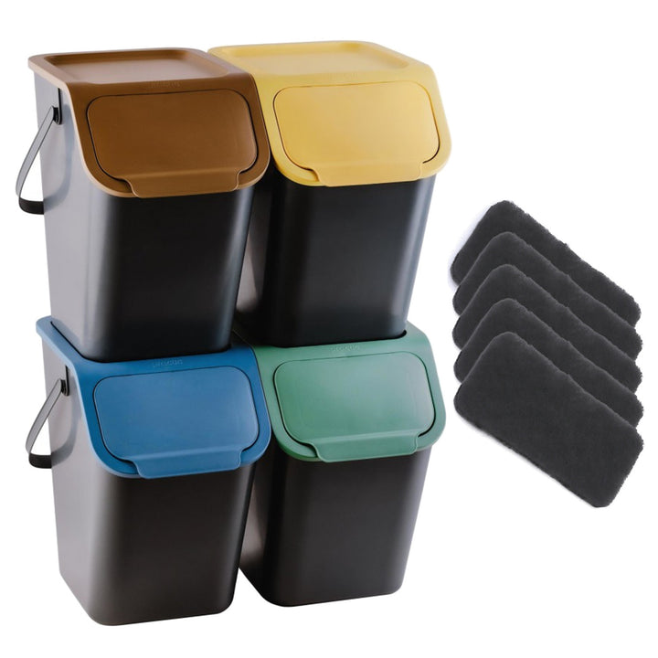Juego de 4 contenedores negros para la clasificación de residuos BINI con tapas de colores (amarillo/verde/azul/marrón) + 5 filtros de carbón