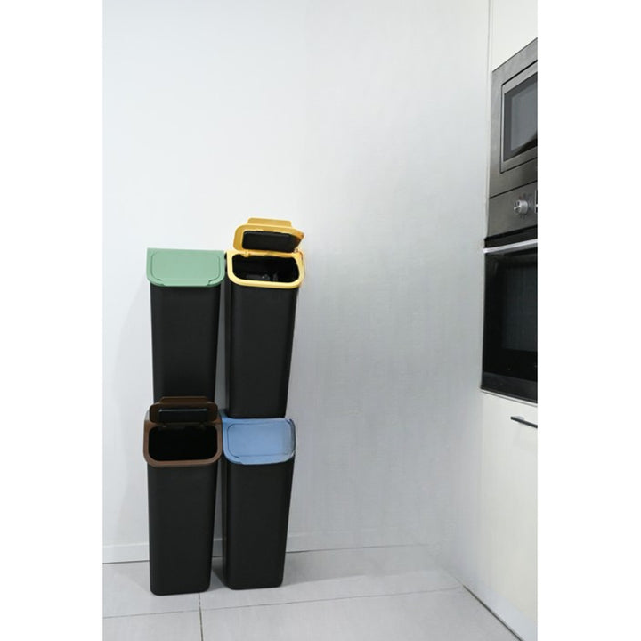 Juego de 4 contenedores negros para la clasificación de residuos BINI, 4 x 35 l, con tapas azul/verde/amarilla/marrón + 5 filtros de carbón