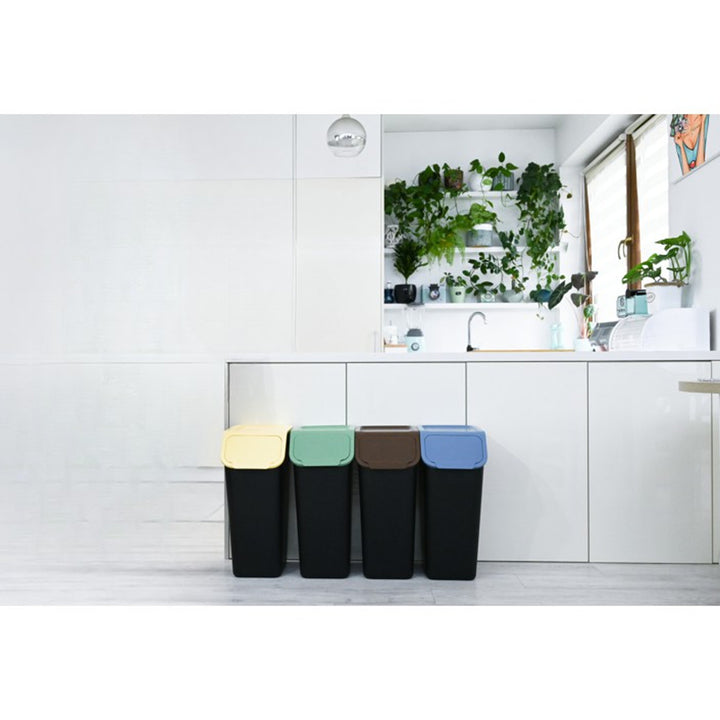 Juego de 4 contenedores negros para la clasificación de residuos BINI, 4 x 35 l, con tapas azul/verde/amarilla/marrón + 5 filtros de carbón