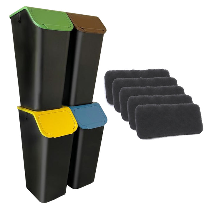 Juego de 4 contenedores negros para la clasificación de residuos BINI, 4 x 35 l, con tapas azul/verde/amarilla/marrón + 5 filtros de carbón