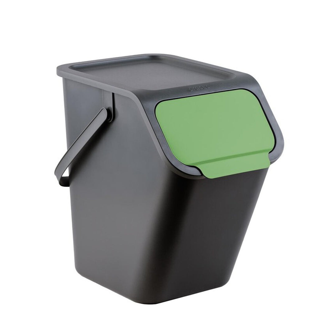 Juego de 3 contenedores negros para la clasificación de residuos BINI de 25 l con tapa negra y tapa abatible de colores (azul/verde/amarillo) + 5 filtros de carbón