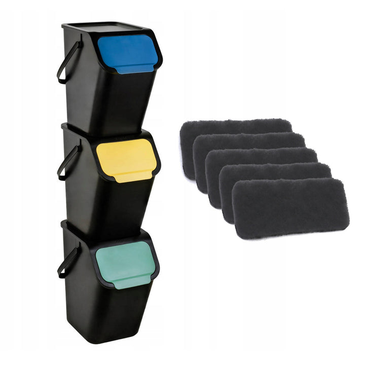 Juego de 3 contenedores negros para la clasificación de residuos BINI de 25 l con tapa negra y tapa abatible de colores (azul/verde/amarillo) + 5 filtros de carbón