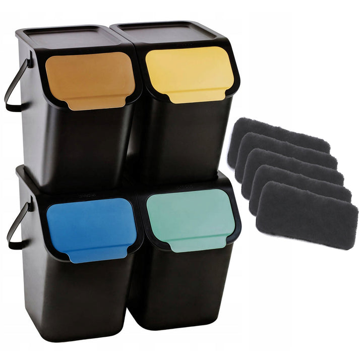 Juego de 4 contenedores negros BINI de 25 l, con tapa negra; colores de las tapas: amarillo, azul, verde y marrón + 5 filtros de carbón