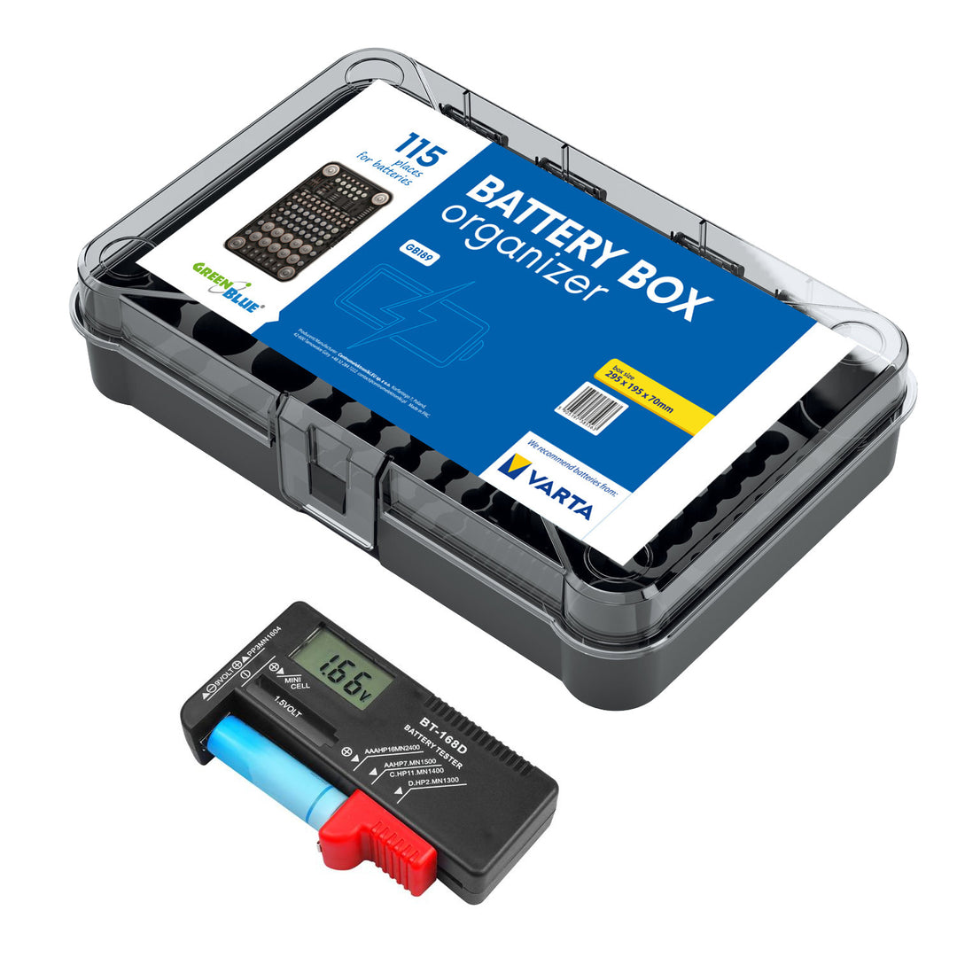 Organizador de pilas GreenBlue GB189 + comprobador digital de pilas y baterías recargables Lamex