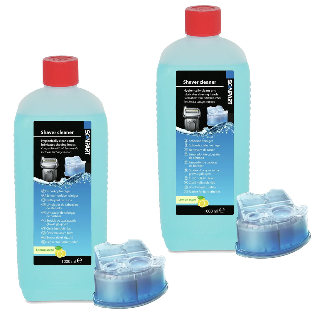Limpiador para cabezales de afeitado Braun con aroma a limón, 1 litro, más recambios de recarga, 2 unidades