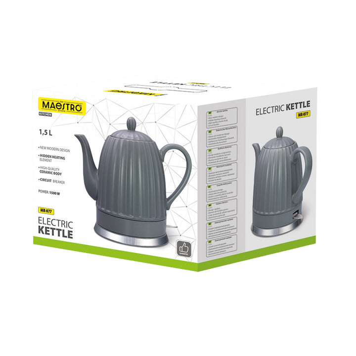 Hervidor eléctrico de cerámica Maestro, color gris, potencia de 1500 W, capacidad de 1,5 l, base giratoria, indicador de nivel de agua, cable de alimentación de 65 cm, MR-077
