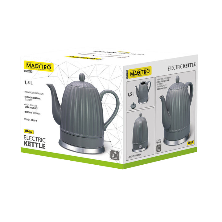 Hervidor eléctrico de cerámica Maestro, color gris, potencia de 1500 W, capacidad de 1,5 l, base giratoria, indicador de nivel de agua, cable de alimentación de 65 cm, MR-077
