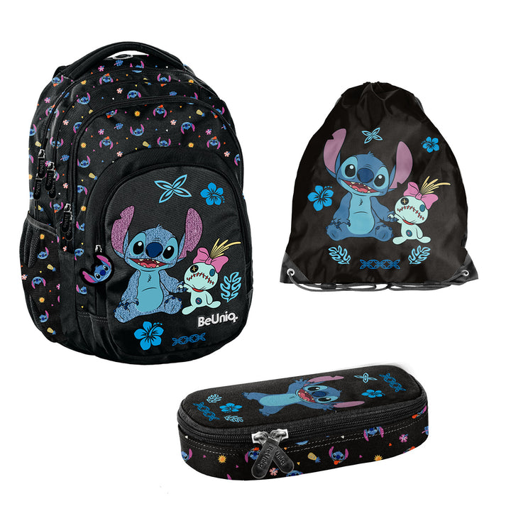 Set escolar Stitch Paso, mochila con tres compartimentos, compartimento para el portátil y base reforzada, estuche con gomas elásticas para el material escolar, bolsa para zapatos que se puede llevar a la espalda, DS26MM