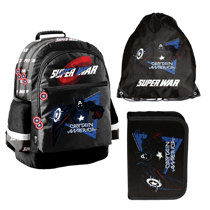 Set escolar Captain America Paso, mochila con dos compartimentos, elementos reflectantes y espalda reforzada, estuche sin material y con asas para los utensilios, bolsa para zapatos que se puede llevar a la espalda, AV26KK