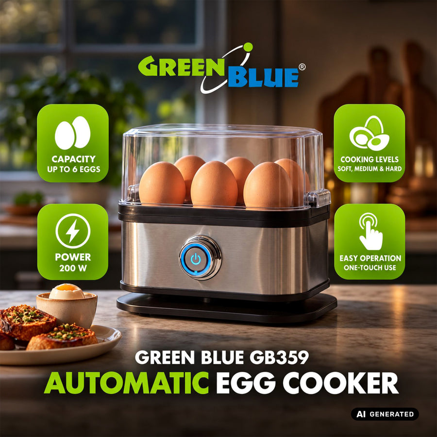 Cocedor de huevos automático GreenBlue, potencia de 200 W, capacidad para hasta 6 huevos, medidor, 220-240 V~, 50/60 Hz, GB359