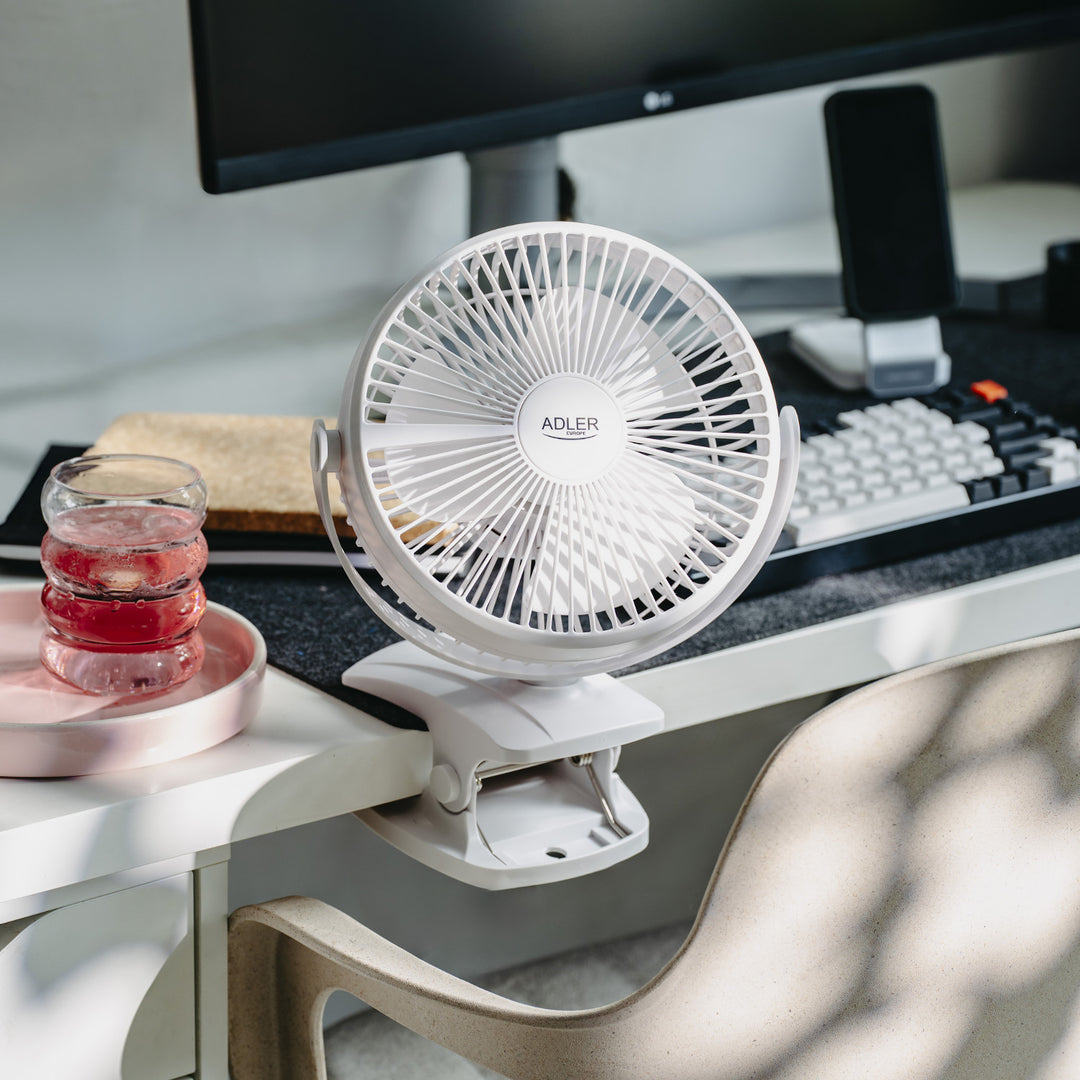 Ventilador de mesa con clip, recargable, 15,5 cm, giro de 360°, USB-C, Adler