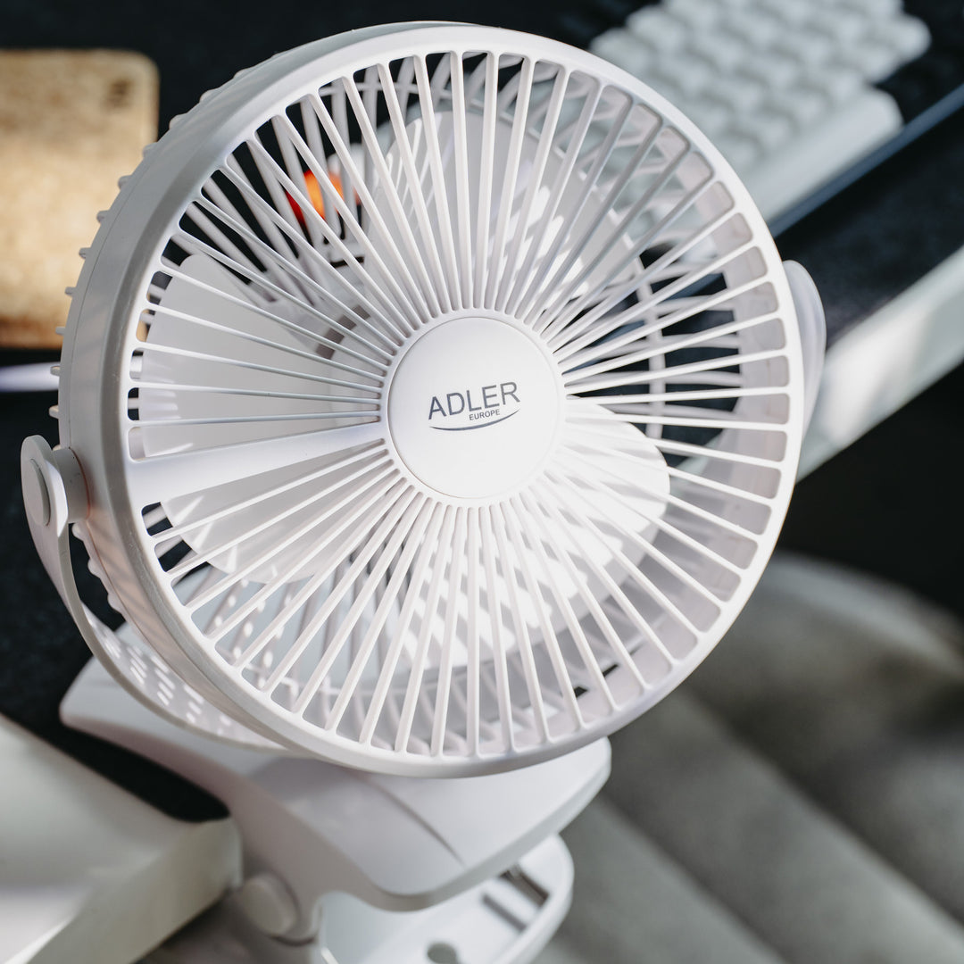 Ventilador de mesa con clip, recargable, 15,5 cm, giro de 360°, USB-C, Adler