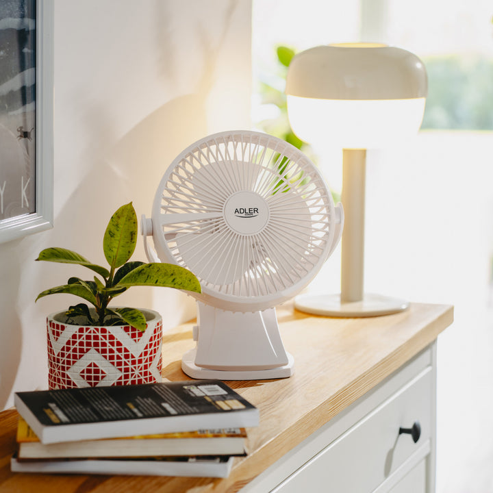 Ventilador de mesa con clip, recargable, 15,5 cm, giro de 360°, USB-C, Adler