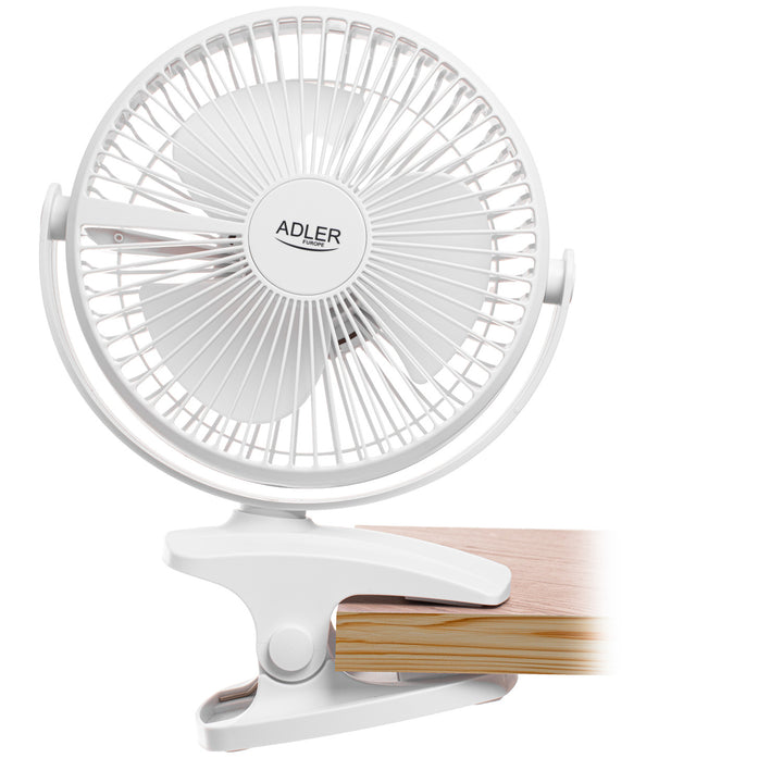 Ventilador de mesa con clip, recargable, 15,5 cm, giro de 360°, USB-C, Adler