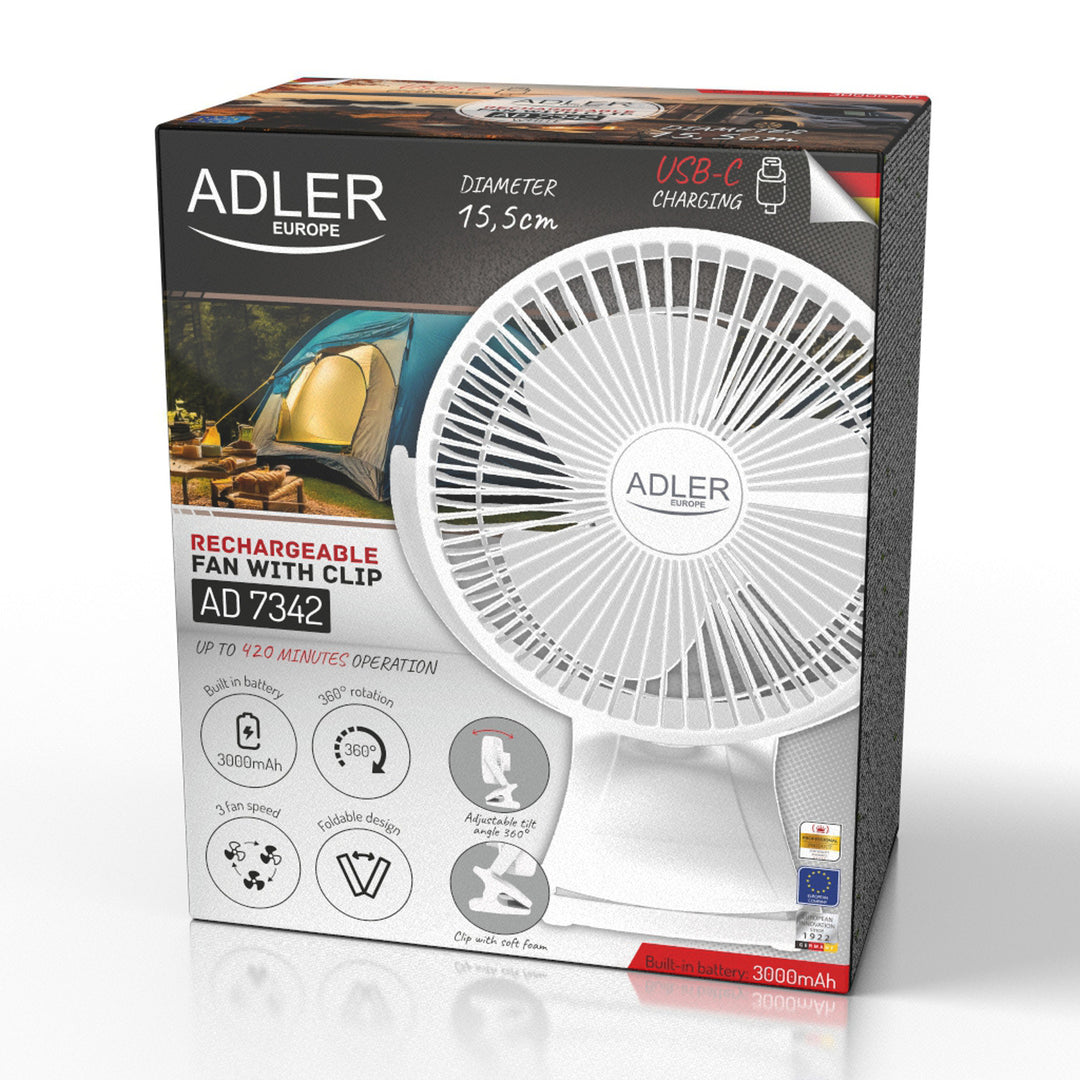 Ventilador de mesa con clip, recargable, 15,5 cm, giro de 360°, USB-C, Adler