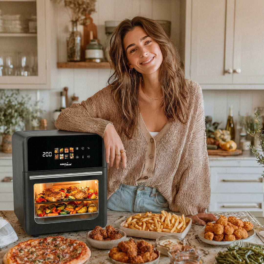 Freidora sin aceite AIR FRYER de GreenBlue, 1800 W de potencia, capacidad de 10 l, 8 programas, accesorios, temporizador, GB950 + termómetro/sonda para alimentos, GreenBlue GB178