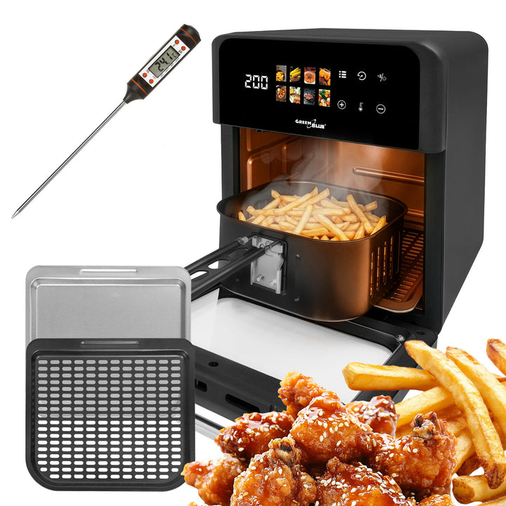 Freidora sin aceite AIR FRYER de GreenBlue, 1800 W de potencia, capacidad de 10 l, 8 programas, accesorios, temporizador, GB950 + termómetro/sonda para alimentos, GreenBlue GB178