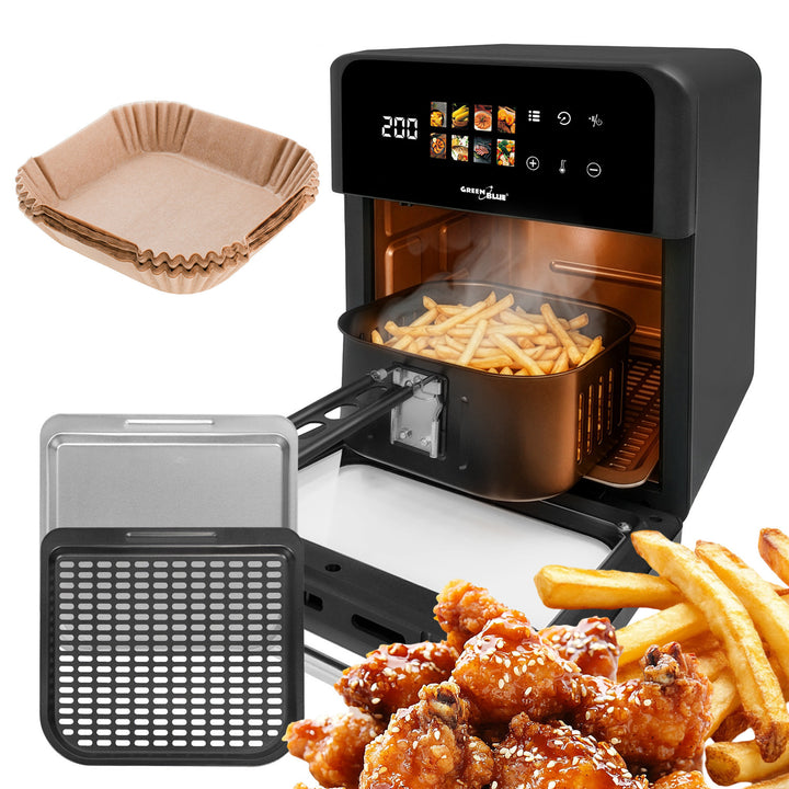 Freidora sin aceite AIR FRYER GreenBlue, potencia de 1800 W, capacidad de 10 l, 8 programas, accesorios, temporizador, GB950 + 100 bolsas de papel de 16 cm