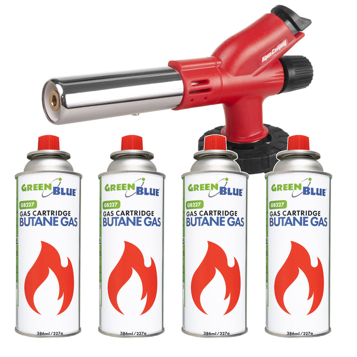 Quemador de cartuchos Alpen Camping, temperatura de la llama de 1300 °C, encendido piezoeléctrico, regulación de la llama, ETNA + 4 cartuchos de gas de 227 g GreenBlue. Certificado: Pi 0875, conforme a la norma EN417