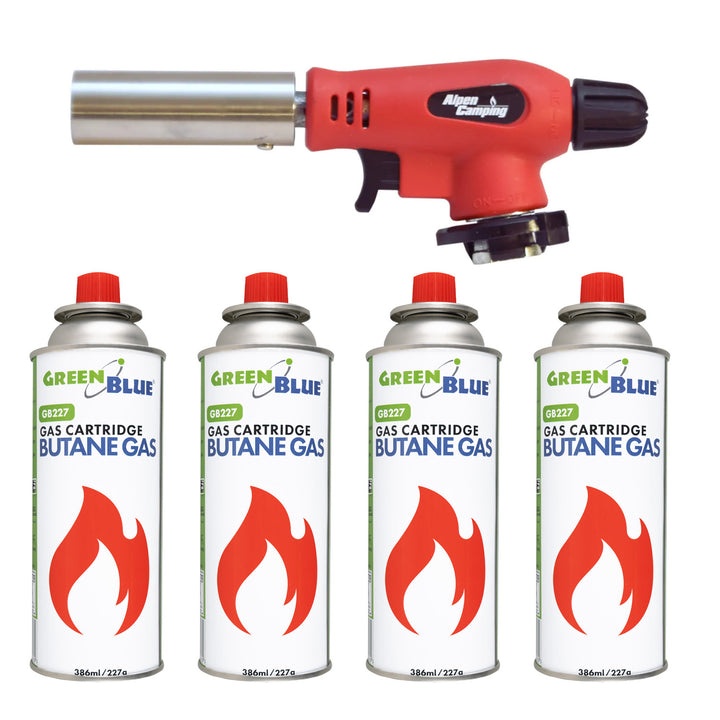 Quemador de cartuchos Alpen Camping, rango de trabajo de 360°, temperatura de la llama de 1300 °C, encendido piezoeléctrico, OLIMP + 4 cartuchos de gas de 227 g GreenBlue. Certificado: Pi 0875, conforme a la norma EN 417