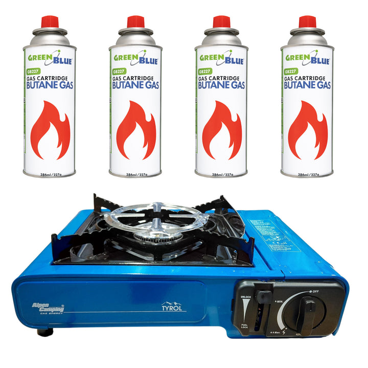 Hornillo de camping Alpen Camping, potencia: 2,0 kW, consumo de gas: 146 g/h, encendido piezoeléctrico, TYROL+ 4 cartuchos de gas de 227 g GreenBlue. Certificado: Pi 0875, conforme a la norma EN 417