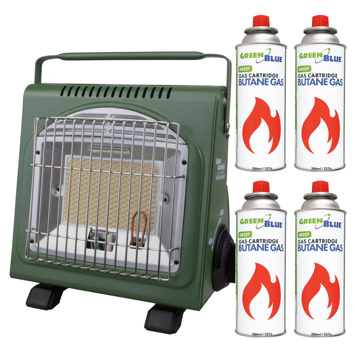 Hornillo de gas portátil Alpen Camping, 2 en 1, consumo de gas 124 g/h, encendido piezoeléctrico, ICELAND IK-1000 PRO+ 4 cartuchos de gas de 227 g GreenBlue. Certificado: Pi 0875, conforme a la norma EN 417